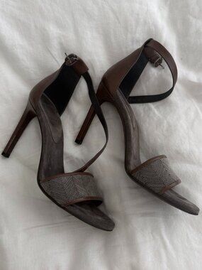 Brunello Cucinelli Heeled Sandal - brown suede with beading